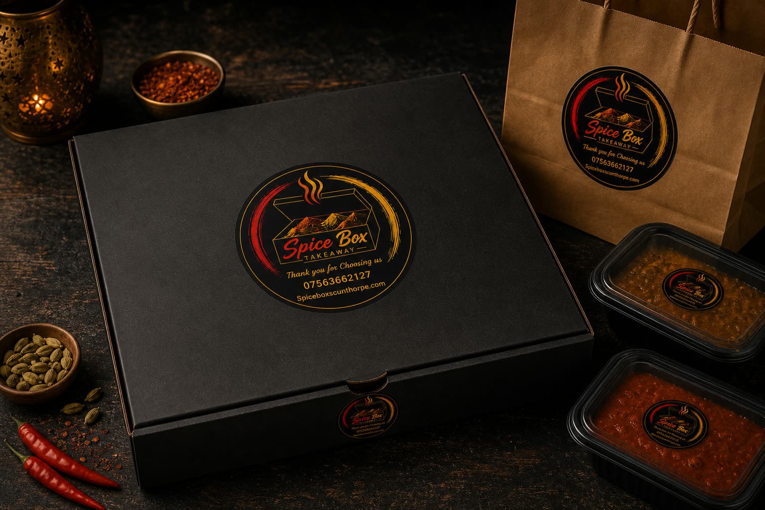 Spice Box Takeaway — current brush-script packaging system
